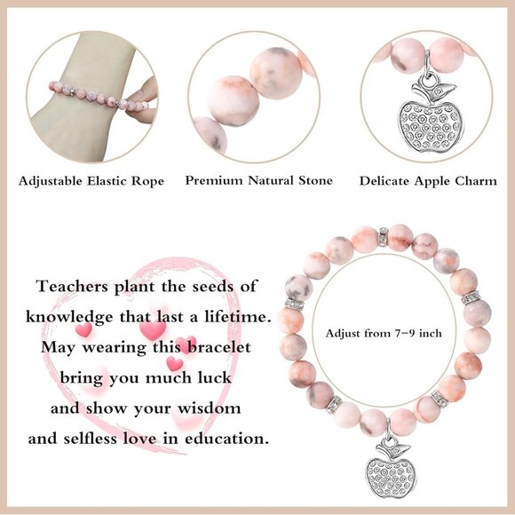 Stainless Steel & Agate Teacher's Appreciation Bracelet - 8 mm Beads, 7'' Length - Picture 4 of 6